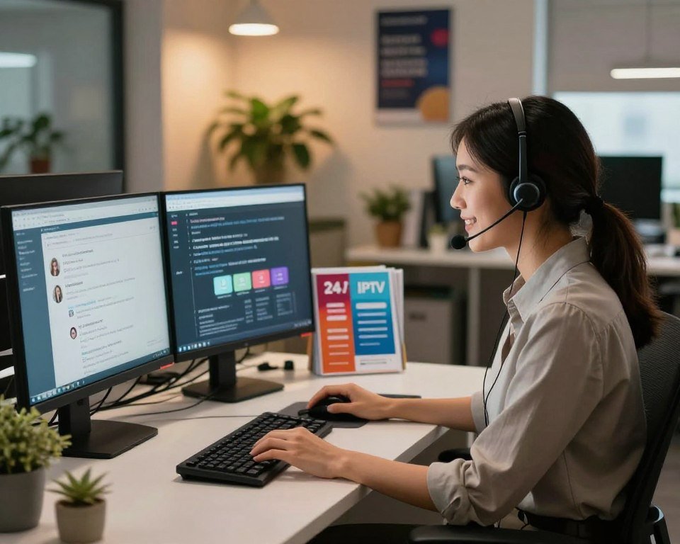 A busy office setting featuring a professional customer support representative, a woman in smart casual clothing, engaged on a headset while smiling and assisting a client. In the foreground, she sits at a modern desk equipped with two computer screens displaying customer queries. The middle shows a series of colorful brochures about IPTV services neatly arranged. The background provides a glimpse of a well-organized office, with potted plants and motivational posters on the walls. Warm, ambient lighting creates a welcoming atmosphere, with soft shadows adding depth. The angle captures the representative's focused expression, reflecting dedication and professionalism, showcasing the essence of 24/7 customer support and assistance.