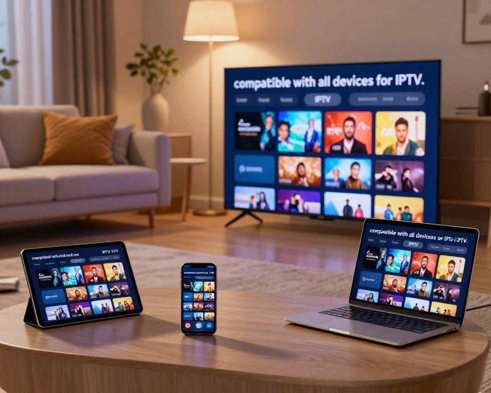 A captivating scene showcasing the concept of "compatible with all devices for IPTV." In the foreground, a sleek modern television displaying vibrant IPTV channels, surrounded by an array of devices like a tablet, smartphone, and laptop, all featuring the IPTV interface. In the middle, a stylish living room setting with a cozy sofa, plush cushions, and tasteful decor to emphasize relaxation while viewing. The background features soft, ambient lighting that creates a warm atmosphere, evoking comfort and enjoyment of media content. The scene is shot from a slightly elevated angle to capture all devices harmoniously, highlighting compatibility. The mood is inviting and tech-savvy, reflecting the ease of streaming favorite channels across various devices.