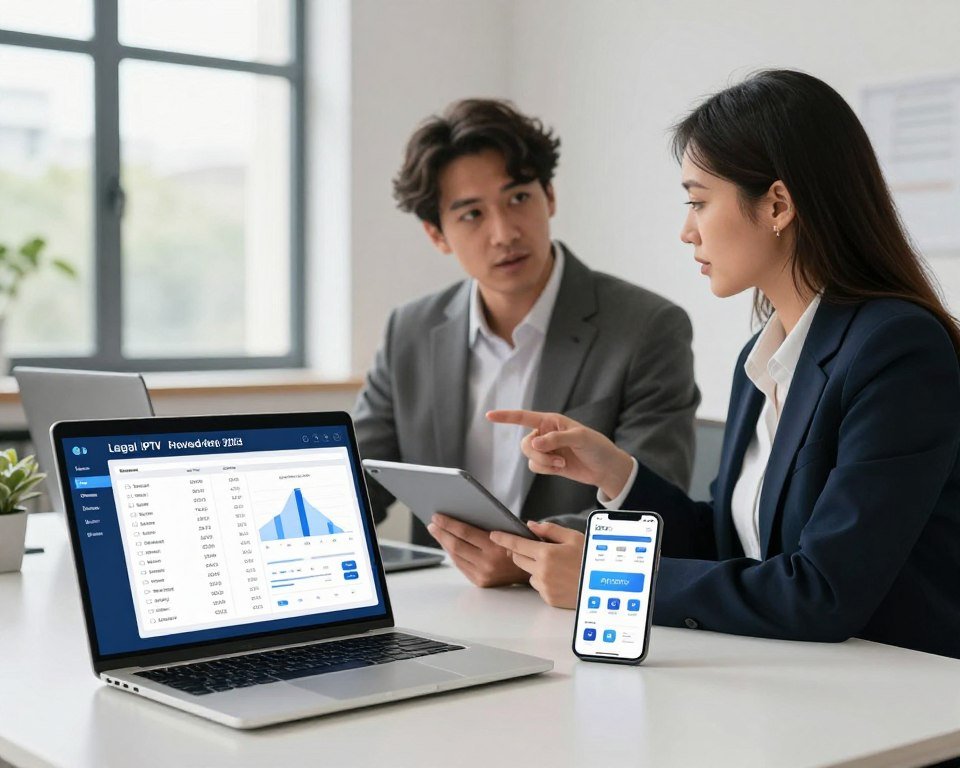 A clean, modern workspace showcasing a table with a digital comparison chart of legal IPTV providers in France for 2023. In the foreground, a sleek laptop displays graphs and subscription prices, while a smartphone shows IPTV app icons. The middle ground features a contemporary, professional-looking man and woman in business attire discussing the comparison, holding tablets. In the background, a large window allows natural light to filter in, illuminating the space with a bright ambiance. The overall mood is analytical and informative, promoting professionalism and clarity regarding IPTV choices. The composition emphasizes organization and readability, capturing the essence of a comparison study without any textual distractions.