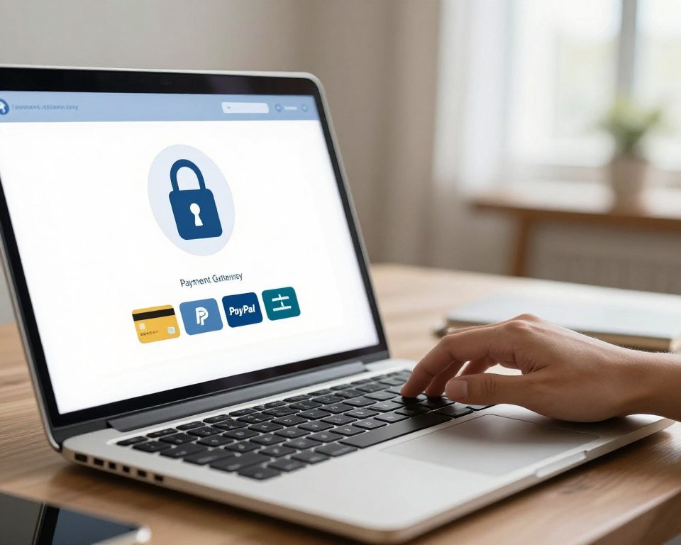 A close-up view of a secure online payment process, featuring a laptop with a payment gateway interface displaying a lock symbol for security. In the foreground, a hand is poised over a modern, sleek keyboard, symbolizing user interaction with the payment system. In the middle, soft-focus digital icons representing various payment methods (credit card, PayPal, bank transfer) are subtly integrated. The background shows an elegant, well-lit home office setting that conveys professionalism and trust. Natural light streams from a nearby window, creating a warm and inviting atmosphere. The overall mood is secure and reassuring, emphasizing the integrity of online transactions. The image should be free of any text or logos to maintain focus on the theme of secure payment methods.