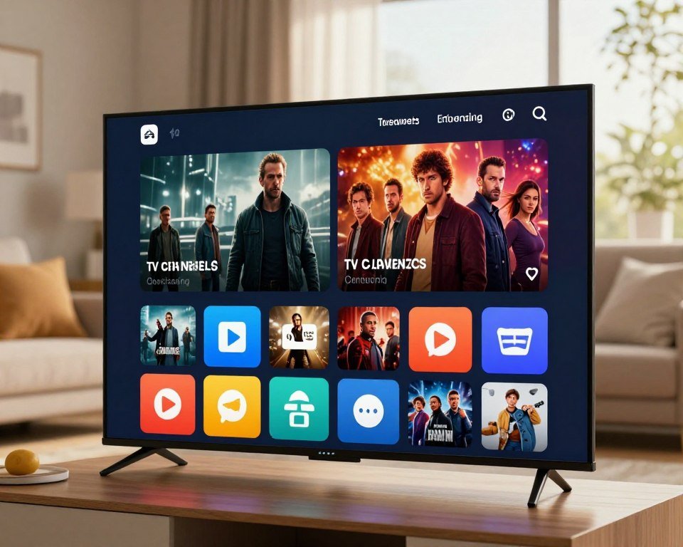 A colorful, inviting digital interface displaying a diverse range of high-quality TV channels, films, and series. In the foreground, sleek icons representing various genres like action, drama, and comedy are organized in a visually appealing grid. The middle layer features a large screen showcasing a vibrant movie scene, enhancing the entertainment vibe. The background is a softly blurred living room setting, complete with a cozy sofa and a coffee table, suggesting a home theater atmosphere. Natural lighting filters through a window, casting warm tones, while the angle highlights the screen and icons prominently. The mood is relaxed and inviting, perfect for a family movie night or binge-watching session. No text or logos in the image.