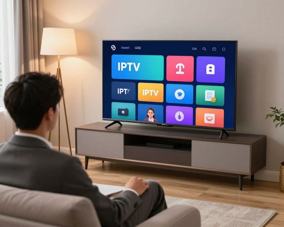 A cozy living room scene showcasing a modern Smart TV prominently displayed on a sleek entertainment center. In the foreground, a focused individual, dressed in professional business attire, is seated on a comfortable sofa, intently navigating the IPTV installation interface on the TV screen. The middle layer features the TV displaying a clear, user-friendly menu for IPTV setup, with vibrant colors that emphasize connectivity options. The background includes soft ambient lighting from a stylish floor lamp, and a subtle window view with daylight filtering in, creating a warm and inviting atmosphere. The mood is informative and engaging, perfectly illustrating the process of IPTV service installation on a Smart TV. A cozy living room scene showcasing a modern Smart TV prominently displayed on a sleek entertainment center. In the foreground, a focused individual, dressed in professional business attire, is seated on a comfortable sofa, intently navigating the IPTV installation interface on the TV screen. The middle layer features the TV displaying a clear, user-friendly menu for IPTV setup, with vibrant colors that emphasize connectivity options. The background includes soft ambient lighting from a stylish floor lamp, and a subtle window view with daylight filtering in, creating a warm and inviting atmosphere. The mood is informative and engaging, perfectly illustrating the process of IPTV service installation on a Smart TV.