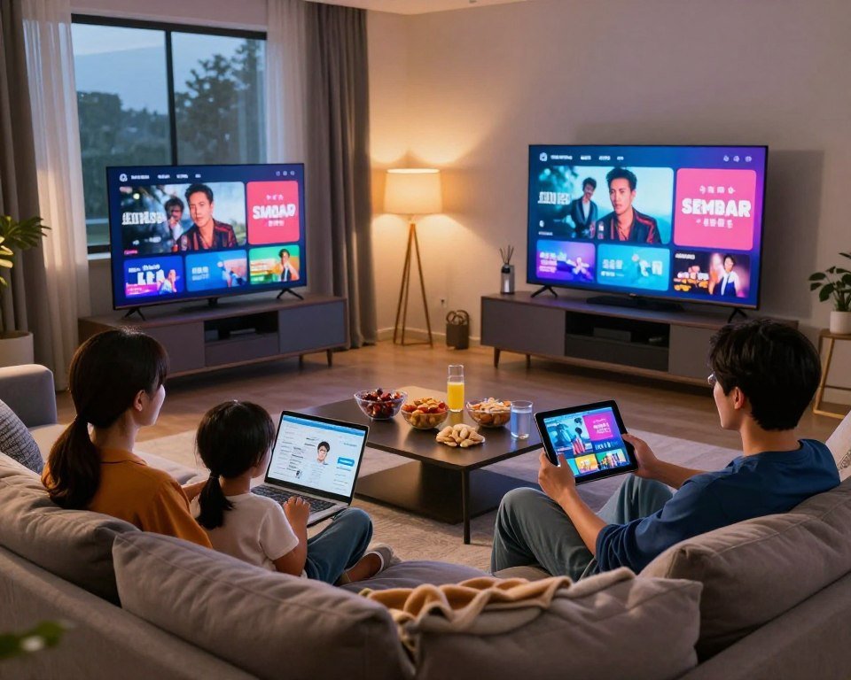 A cozy living room setting featuring a family enjoying multi-screen streaming. In the foreground, a family of four—two adults in smart casual attire and two children—are gathered on a large, comfortable sofa, each using different devices: a laptop, tablet, and smart TV. In the middle, the coffee table is cluttered with snacks and drinks, creating a relaxed, homely atmosphere. The background showcases a modern room with two additional screens mounted on the wall, displaying vibrant streaming content. Soft evening light filters through the window, casting a warm glow throughout the space. The mood is lively and engaging, reflecting quality family time spent enjoying various media on multiple screens simultaneously.