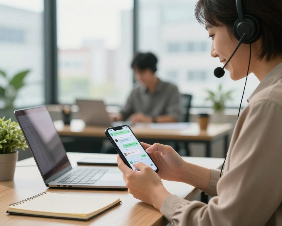 A customer service representative sitting at a modern desk, engaging in a WhatsApp conversation on a smartphone. The foreground features the smartphone with a clear chat interface displayed, while the representative, a professional person in smart casual attire, is smiling and focused, embodying an approachable and friendly demeanor. The middle layer shows a well-organized workspace with a laptop, notepad, and a calming green plant. In the background, a soft-focus urban office view with bright daylight streaming through a large window creates an inviting atmosphere. The lighting is warm and natural, emphasizing a sense of security and professionalism. The overall mood is supportive and reassuring, conveying a safe payment experience via WhatsApp without any text or overlays.