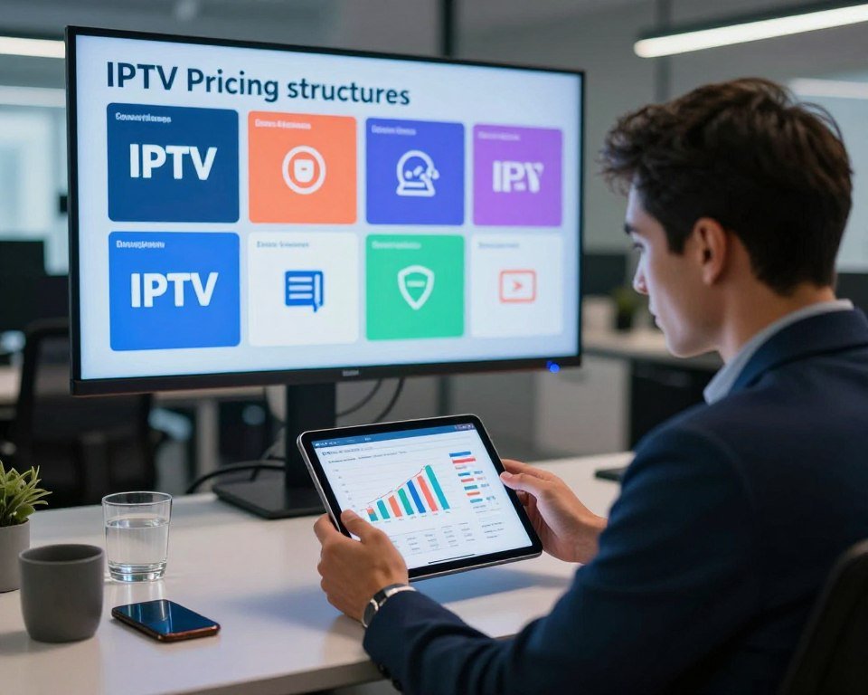 A detailed analysis of IPTV pricing structures in France, depicted in a professional workspace. In the foreground, a confident business professional, dressed in smart casual attire, examines a digital tablet displaying graphs and charts related to IPTV subscription prices. In the middle ground, a large display screen showcases a colorful infographic comparing various IPTV offers, with icons representing different subscription packages. The background features a modern office setting with contemporary furniture and soft ambient lighting, creating a focused atmosphere conducive to research and analysis. The mood is analytical and forward-thinking, capturing the essence of detailed market analysis. The image should have a slight depth of field effect, emphasizing the professional and engaging environment.