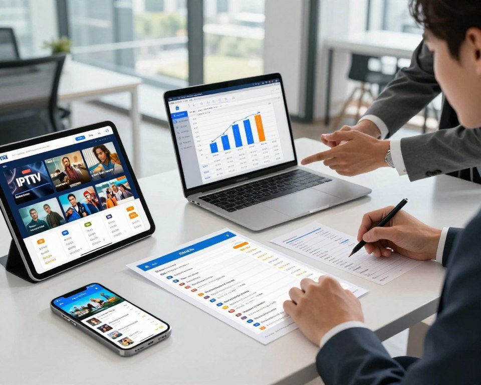 A detailed comparison chart showcasing various IPTV subscription services, spread across a modern workspace table. In the foreground, sleek electronic devices like tablets and smartphones display colorful interface screenshots of IPTV offerings, highlighting features such as pricing, channel variety, and user ratings. In the middle ground, a laptop with an open spreadsheet displays dynamic graphs and comparisons, with professional business attire-clad individuals engaged in discussion and analysis. The background features a contemporary office setting with soft, natural lighting filtering through large windows, creating a bright and inviting atmosphere to emphasize clarity and focus on the IPTV comparison theme. The overall mood is professional and analytical, conveying a sense of informed decision-making.