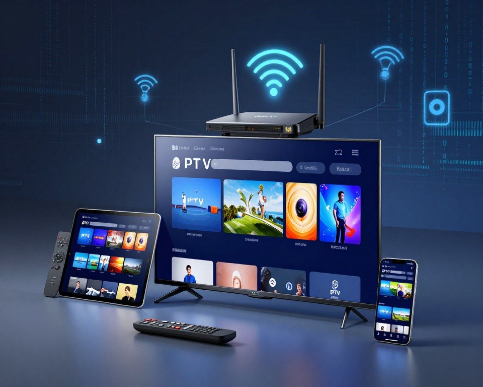 A detailed conceptual illustration showcasing IPTV compatibility across various technical devices. In the foreground, display a sleek modern television, a tablet, and a smartphone, all displaying an IPTV interface, surrounded by their respective remote controls. The middle layer should feature a stylized representation of a router, with glowing network signals emanating from it, symbolizing connectivity. In the background, create a subtle abstract digital landscape filled with binary code and streaming icons to evoke the digital nature of IPTV technology. Use soft, ambient lighting to create a professional and inviting atmosphere, shot from a slightly elevated angle, emphasizing the devices. Capture a clean and modern aesthetic, ensuring the image conveys the idea of connectivity and compatibility in a tech-savvy environment.