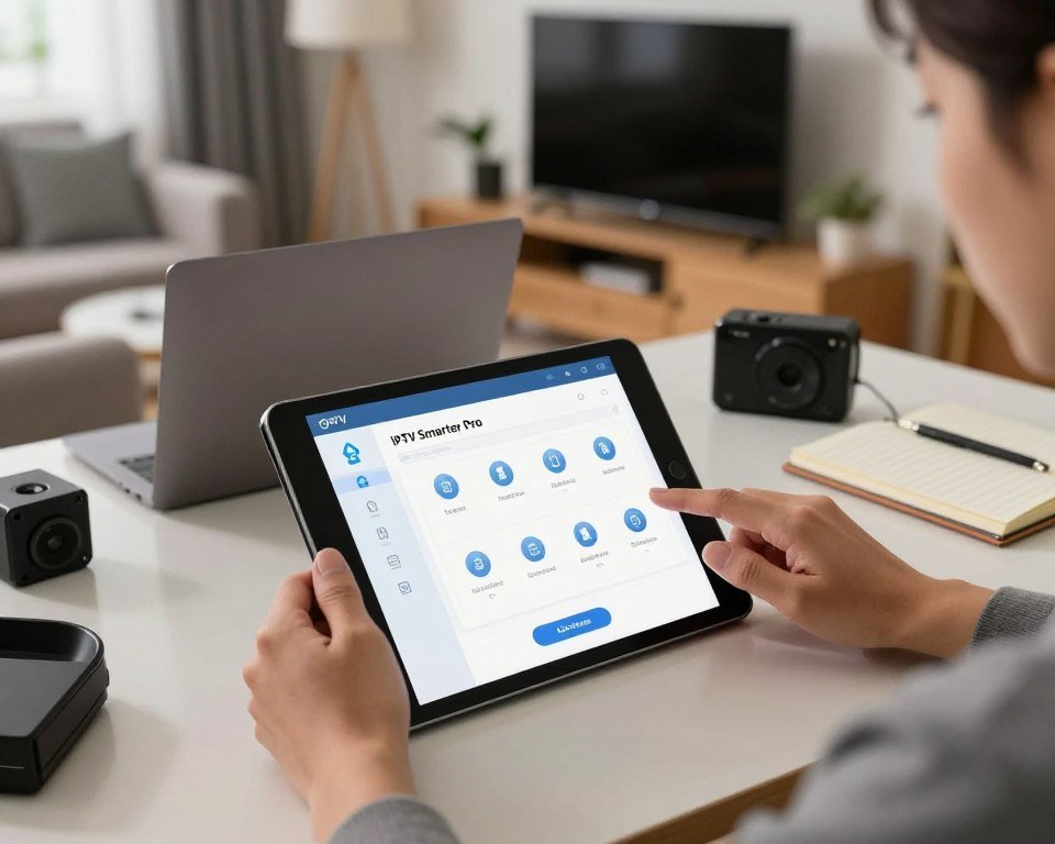 A detailed installation guide scene for IPTV Smarter Pro. In the foreground, a sleek digital tablet displays an installation interface, showcasing clear steps and icons, while a pair of professional hands gently navigates the screen. In the middle ground, an organized workspace features a laptop, various tech gadgets, and notepads, suggesting a focused environment. The background highlights a cozy home setting with a large TV on the wall and a comfortable sofa, creating a welcoming atmosphere for tech support. Soft, natural lighting illuminates the scene, enhancing clarity and focus on the tablet's display. The camera angle is slightly above eye level, capturing the hands in action and the surrounding setup, conveying a sense of professionalism and guidance in home technology.