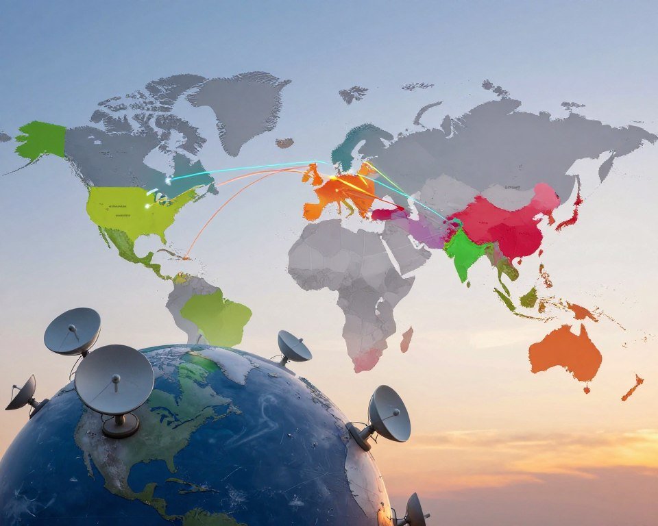 A detailed world map showcasing the global reach of television networks, highlighting various countries and regions interconnected by colorful network chains. In the foreground, a semi-transparent globe should illustrate multiple satellite dishes and antennas representing different continents, glowing softly with ambient light. In the middle ground, lines and arrows flow from each country, symbolizing broadcast signals, with vivid hues depicting the scope of international accessibility. The background features a pleasantly gradient sky transitioning from blue to warm sunset tones, adding depth and a sense of connectivity. The image should evoke a sense of innovation and advancement in global media access, with clear visibility and a clean, professional aesthetic, suitable for a tech-focused article.