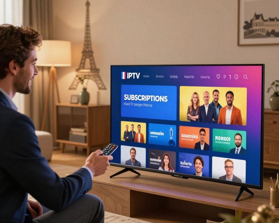 A dynamic and engaging scene illustrating the concept of IPTV subscriptions in France. In the foreground, a sleek, modern TV screen displaying a vibrant, colorful streaming interface with various channels and genres prominently featured. To the left, a stylish, professional individual dressed in smart business attire adjusts the settings on a remote control, showcasing an expression of delight and satisfaction. In the middle ground, stylish furniture and decorative elements create a cozy living room atmosphere. The background features a subtle outline of iconic French landmarks, softly blurred to suggest the locale. Warm, inviting lighting bathes the scene, creating a welcoming and aspirational mood. The image is captured from a slightly high angle to give depth and focus to the subscription experience.