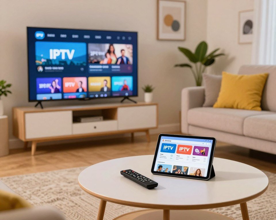 A dynamic and visually appealing scene showcasing flexible IPTV subscriptions. In the foreground, a modern living room with a sleek, flat-screen TV displaying an interface of IPTV channels. A stylish coffee table holds a remote control and a tablet showcasing various subscription plans. In the middle, a comfortable sofa with bright cushions invites users to relax and enjoy their viewing experience. The background features soft ambient lighting, with decorative elements like houseplants and artwork on the walls, creating a cozy atmosphere. The mood is inviting and contemporary, emphasizing convenience and a high-quality viewing experience. Capture this scene in bright, natural light to enhance the warm ambiance, using a slightly elevated angle to show the arrangement harmoniously.