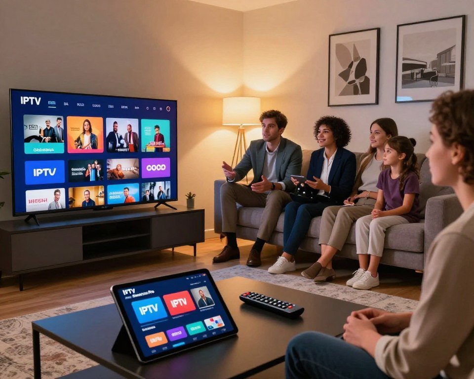 A dynamic scene illustrating an IPTV subscription in a modern living room setting. In the foreground, a sleek, high-definition television displays various IPTV channel logos, showcasing a colorful array of options. A stylish coffee table holds a remote control and a tablet displaying the IPTV Smarters Pro interface for easy navigation. The middle layer features a cozy couch with a family gathering, all dressed in professional business attire, eagerly discussing their favorite shows. The background includes a wall decorated with framed art and warm, inviting lighting that sets a relaxed atmosphere. Shot from a slightly elevated angle to capture both the television and the engaged family's expressions, creating an inviting and modern ambiance that emphasizes the convenience of IPTV subscriptions in France.