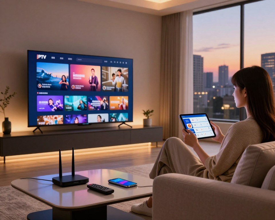 A futuristic living room with a large high-definition television displaying vibrant IPTV streaming content. In the foreground, a sleek modern coffee table holds several tech gadgets like a remote control, a smartphone, and a wireless router, symbolizing connectivity. The middle ground features a cozy sofa with a person dressed in smart casual clothing, focused on the screen while holding a tablet with streaming optimization settings visible, illuminated by warm, inviting lighting. In the background, a large window reveals a city skyline at dusk, casting soft ambient light into the room, enhancing a sense of comfort and sophistication. The overall mood is relaxed yet technologically advanced, emphasizing the theme of optimizing streaming experiences.