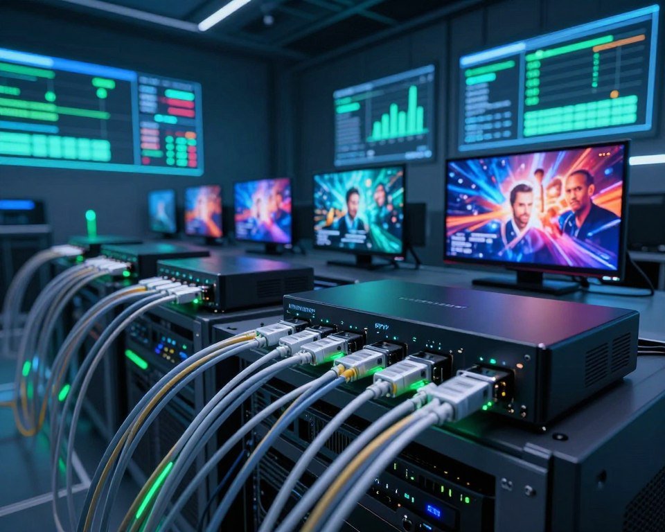 A futuristic server room illuminated by soft blue and green ambient lighting, showcasing advanced streaming technology. In the foreground, sleek, high-speed fiber optic cables are intricately woven, symbolizing the fluid movement of data. The middle ground features a range of sophisticated digital devices, including IPTV boxes and smart TVs, displaying vibrant, high-resolution images of diverse content. The background is filled with large, glowing screens showing dynamic graphs and statistics, indicating optimal performance. Capture the scene from a low angle to emphasize the scale of the technology. The mood is high-tech and innovative, evoking a sense of seamless connectivity and enhanced viewing experiences, inviting viewers to imagine the possibilities of optimal streaming infrastructure.