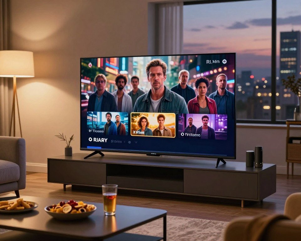 A high-definition IPTV streaming setup featuring a sleek modern television displaying vibrant colors and sharp details from a popular TV show. In the foreground, a comfortable living room with stylish furniture and a cozy atmosphere, illuminated by warm, soft lighting from a nearby lamp. On the coffee table, there are snacks and drinks, inviting viewers to enjoy their viewing experience. In the middle, the television shows an energetic scene from a movie, capturing the essence of exceptional picture quality. In the background, a peaceful home environment with a window showcasing a blurred cityscape at dusk, adding depth to the image. The mood is relaxed and inviting, emphasizing premium entertainment at home. The scene should evoke the feeling of high-quality viewing experiences without any text or distractions.