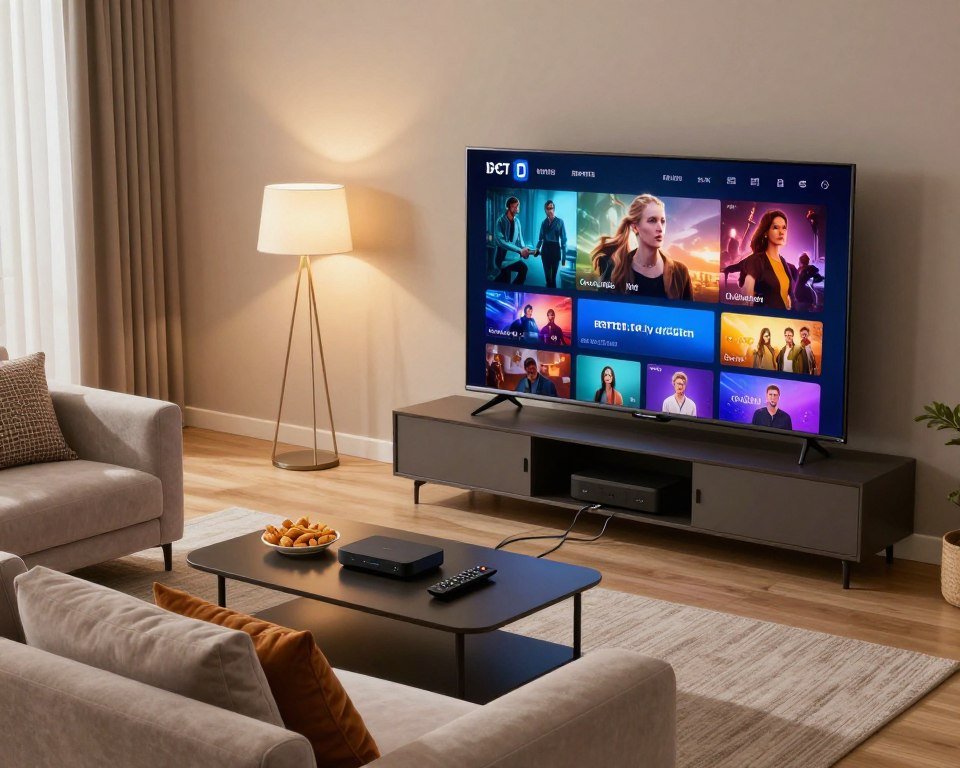 A high-definition image of a modern living room set up for IPTV streaming, featuring a sleek, large-screen television displaying vibrant, high-quality visuals. In the foreground, a comfortable sofa is adorned with stylish cushions, and a coffee table holds a remote and snacks. The middle ground includes a small entertainment unit with streaming devices, cables neatly organized for a clean look. In the background, soft ambient lighting emanates from stylish lamps, enhancing a cozy atmosphere. The scene is shot from a slightly elevated angle, capturing the overall layout while ensuring the focus remains on the exceptional streaming quality displayed on the TV. The mood is inviting and contemporary, reflecting a seamless entertainment experience.
