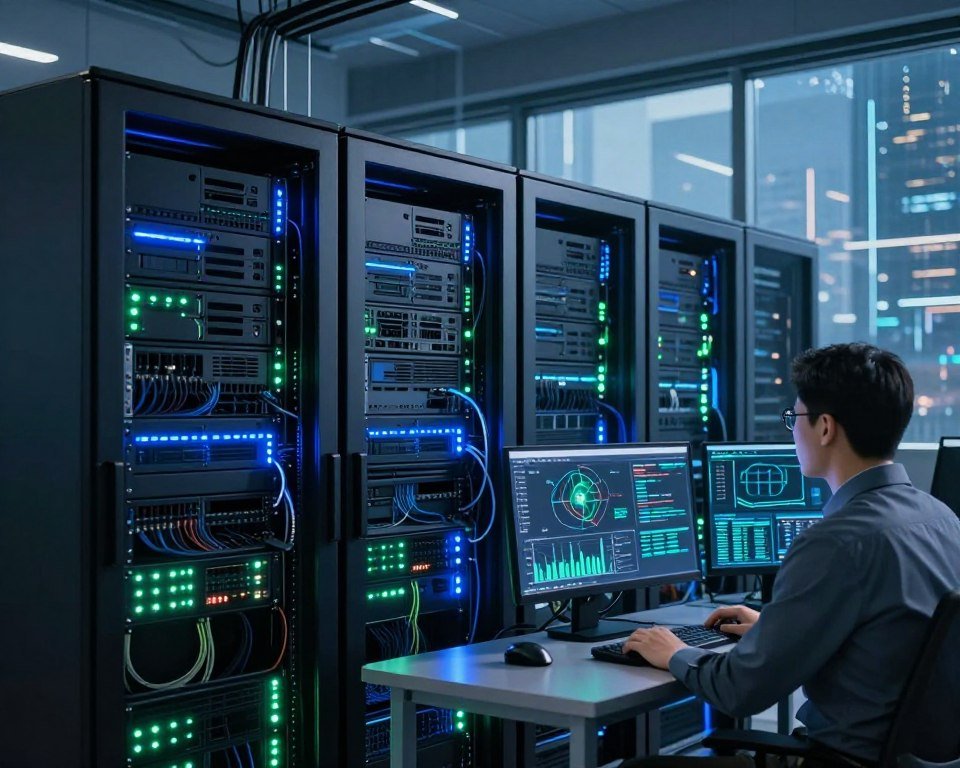 A high-tech server room filled with sleek, modern servers, glowing with blue and green LED lights, conveying the idea of reliability and high-speed connections. In the foreground, a professional technician in business attire monitors various screens displaying connection statistics and server performance metrics. In the middle, close-up views of server racks highlight intricate wiring and blinking lights, suggesting constant activity and robust performance. The background reveals large windows with a view of a futuristic cityscape, bathed in soft, ambient lighting. The atmosphere is focused and professional, emphasizing trust and efficiency in server management, with dynamic shadows enhancing the depth of the image.