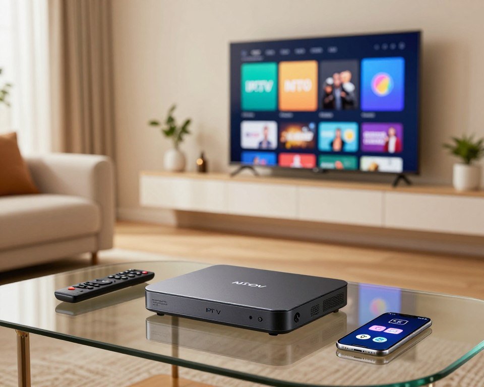 A modern Android IPTV installation box set against a sleek, minimalistic living room backdrop. In the foreground, a stylish IPTV box is placed on a glass coffee table, surrounded by a remote control, a smartphone, and a few popular streaming service logos subtly displayed. The middle ground features a comfortable sofa with plush cushions and a large flat-screen TV mounted on the wall, showcasing a vibrant user interface of an IPTV app. The background consists of soft ambient lighting, adding a warm, inviting atmosphere, and decorative plants enhancing the room's aesthetics. The scene is captured with a slight overhead angle, emphasizing the box's sleek design. The overall mood is tech-savvy and relaxed, ideal for entertainment enthusiasts. A modern Android IPTV installation box set against a sleek, minimalistic living room backdrop. In the foreground, a stylish IPTV box is placed on a glass coffee table, surrounded by a remote control, a smartphone, and a few popular streaming service logos subtly displayed. The middle ground features a comfortable sofa with plush cushions and a large flat-screen TV mounted on the wall, showcasing a vibrant user interface of an IPTV app. The background consists of soft ambient lighting, adding a warm, inviting atmosphere, and decorative plants enhancing the room's aesthetics. The scene is captured with a slight overhead angle, emphasizing the box's sleek design. The overall mood is tech-savvy and relaxed, ideal for entertainment enthusiasts.