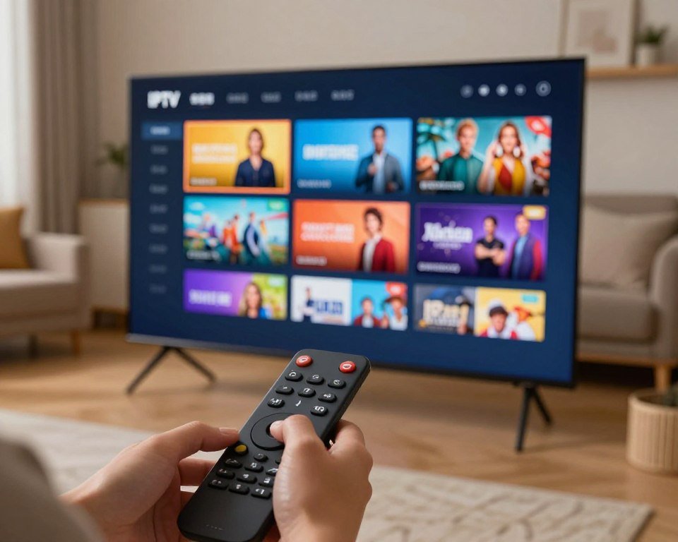 A modern IPTV subscription interface displayed on a sleek, high-resolution screen. In the foreground, there’s a close-up of a hand interacting with a user-friendly remote control, emphasizing intuitive navigation. In the middle ground, the screen showcases a vibrant, dynamic menu filled with various channel options and on-demand content, highlighted by colorful thumbnails. The background features a cozy living room setting with contemporary furniture and soft ambient lighting, creating a warm and inviting atmosphere. The scene is shot from a slightly elevated angle to capture both the interface and the user’s engagement, evoking a sense of ease and accessibility in using IPTV services. The overall mood is modern and tech-savvy, perfect for illustrating cutting-edge IPTV functionalities.