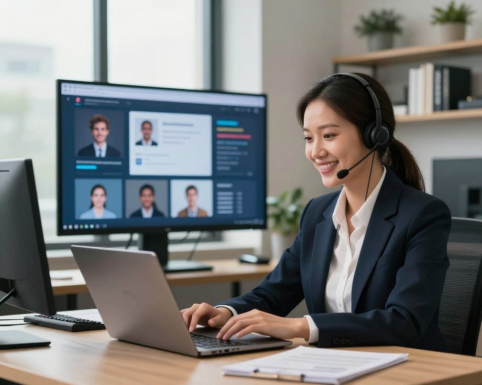 A modern and inviting customer support scene set in a sleek, well-lit office environment. In the foreground, a friendly support agent in professional attire is sitting at a desk, engaging with a laptop, displaying a welcoming smile. In the middle ground, a large screen shows customer interaction graphics, conveying a sense of personalized assistance. Soft, natural lighting filters through large windows, creating a warm and approachable atmosphere. The background features shelves with technology-related books and plants, enhancing the professional ambiance. The overall mood is one of trust, support, and efficiency, as the agent demonstrates readiness to assist clients with their needs.