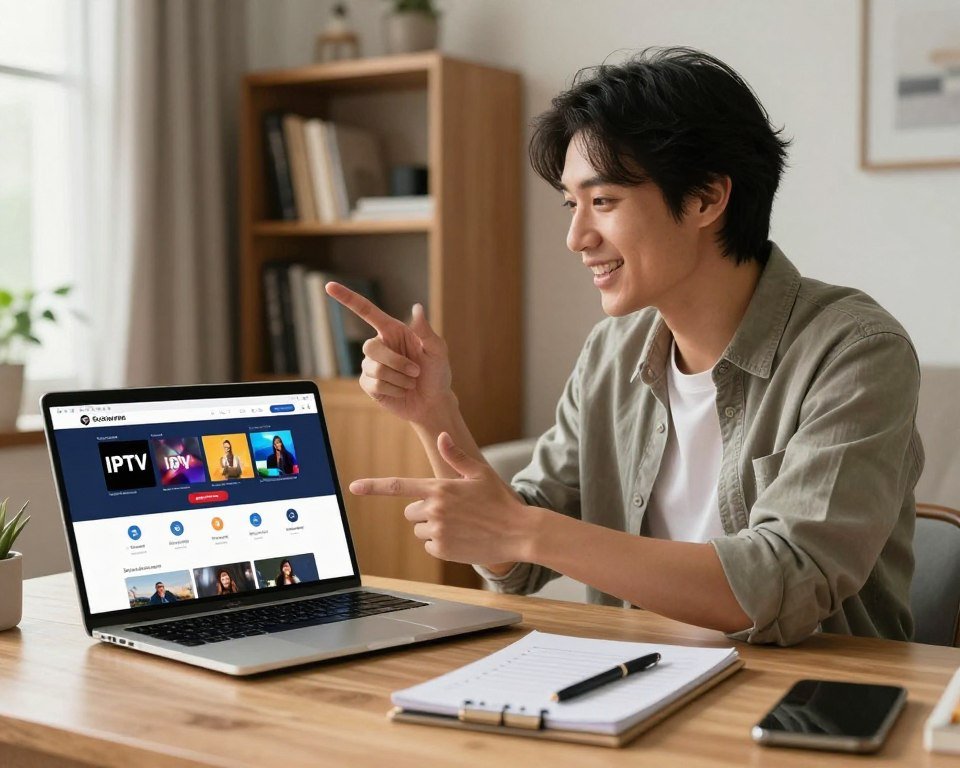 A modern and visually appealing guide for subscribing to an IPTV service, set in a cozy home office environment. In the foreground, a sleek laptop displays an intuitive IPTV subscription interface, with icons representing various channels. Beside the laptop, a notepad with a checklist and a pen lies on a well-organized desk. In the middle, a friendly professional, dressed in smart casual attire, is engaged in a discussion while pointing at the screen, expressing enthusiasm. The background features a bookshelf filled with tech-related books and a window with soft, natural light filtering through, creating a warm and inviting atmosphere. The scene conveys a sense of guidance and ease in understanding IPTV subscriptions.
