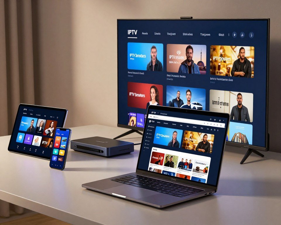 A modern digital workspace featuring an array of devices compatible with IPTV Smarters Pro. In the foreground, showcase a sleek laptop open to the IPTV Smarters Pro interface, surrounded by a smart TV displaying various streaming options. To the left, include a tablet and smartphone, both showing IPTV app icons. The middle ground should present a set-top box, elegantly designed and connected to the TV. In the background, incorporate soft, focused lighting that highlights the devices, creating an inviting tech-savvy environment. Capture the scene with a slight angle to give depth, conveying a professional mood with a blend of technology and comfort, suitable for a modern home entertainment setup.