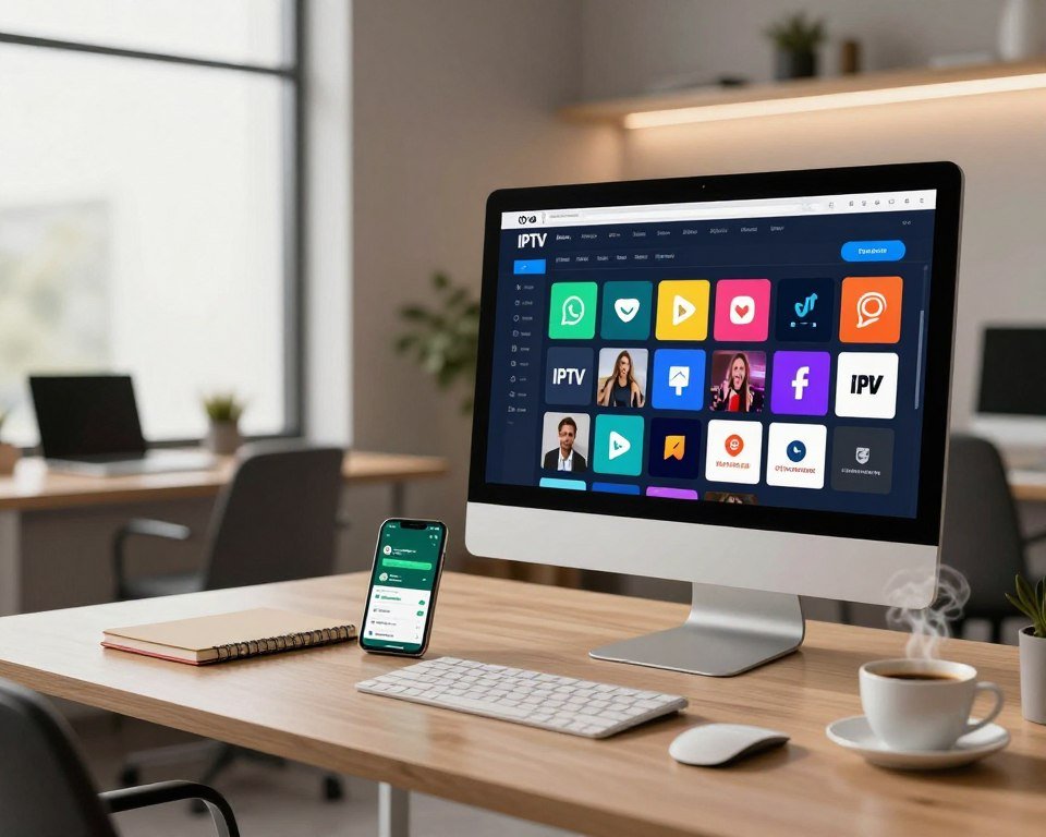 A modern digital workspace showcasing IPTV services in France. In the foreground, a sleek computer monitor displays an intuitive IPTV interface with vibrant icons representing various channels and services. The middle ground features a stylish desk with a smartphone showing a WhatsApp conversation for customer support, nearby a notebook and a steaming cup of coffee. The background displays a minimalist office setting with soft, ambient lighting filtering through a large window, creating a warm, inviting atmosphere. Use a wide-angle lens to capture depth, emphasizing the connection between technology and comfort. The overall mood should be professional yet friendly, reflecting efficiency and accessibility in IPTV services. A modern digital workspace showcasing IPTV services in France. In the foreground, a sleek computer monitor displays an intuitive IPTV interface with vibrant icons representing various channels and services. The middle ground features a stylish desk with a smartphone showing a WhatsApp conversation for customer support, nearby a notebook and a steaming cup of coffee. The background displays a minimalist office setting with soft, ambient lighting filtering through a large window, creating a warm, inviting atmosphere. Use a wide-angle lens to capture depth, emphasizing the connection between technology and comfort. The overall mood should be professional yet friendly, reflecting efficiency and accessibility in IPTV services.