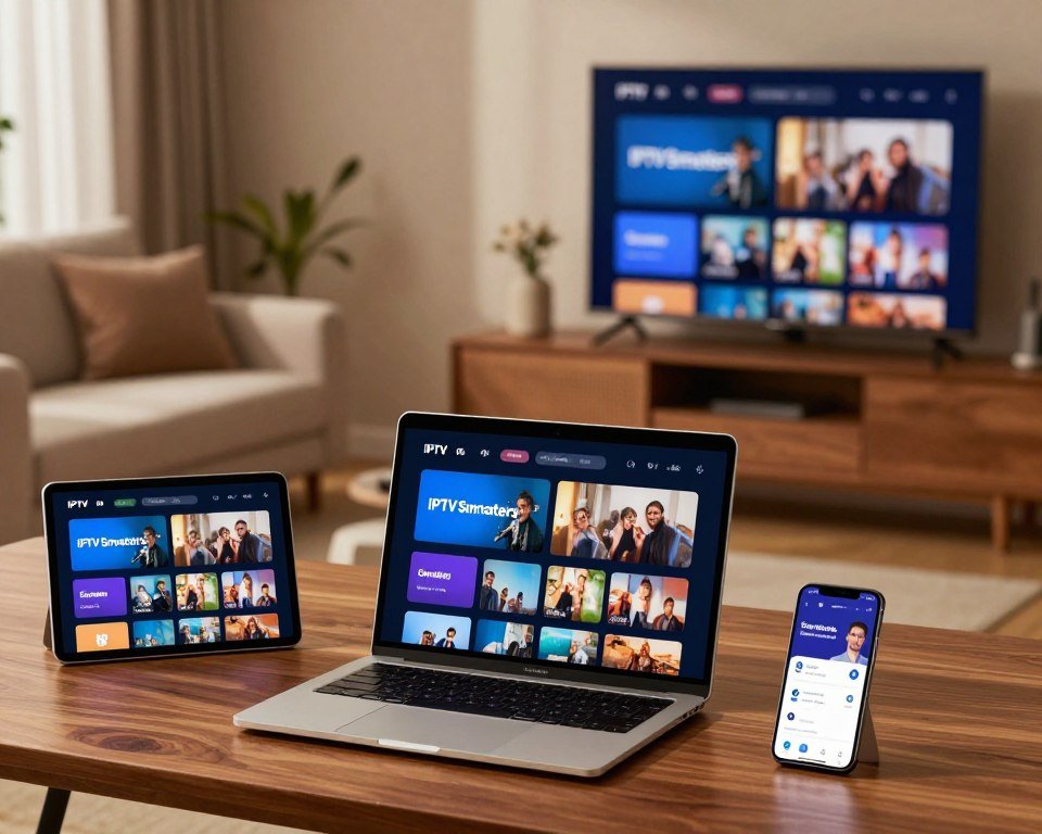 A modern digital workspace showcasing the installation of IPTV Smarters on various devices. In the foreground, depict a sleek laptop with the IPTV Smarters interface clearly visible. To the left, a tablet displaying the same interface, and to the right, a smartphone with the app open, all on a stylish wooden desk. The middle ground features an open laptop with an attached external monitor, displaying a diverse range of streaming options. In the background, a contemporary living room setting with a cozy couch and a large flat-screen TV highlighting IPTV Smarters compatibility. Use soft, warm lighting to create an inviting atmosphere, with a slightly blurred depth of field effect. The scene should evoke a feeling of ease and accessibility, emphasizing the user-friendly installation process across all devices.
