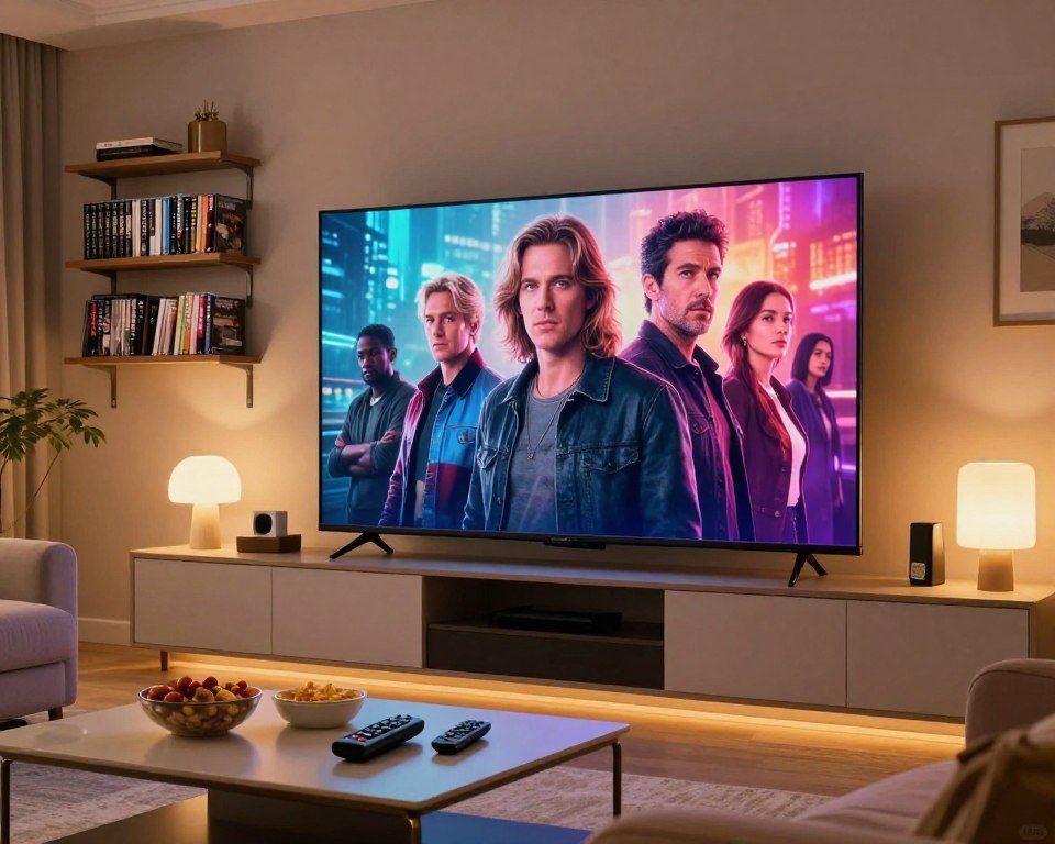 A modern home entertainment setup showcasing a large, high-definition flat-screen TV displaying vibrant, stunning visuals from a popular film or series. In the foreground, a stylish coffee table with snacks and a remote control. In the middle ground, comfortable seating is arranged, with elegant lighting creating a warm ambiance. The background features shelves with a variety of movie and series DVDs and a curated selection of books. The scene is illuminated by soft, warm lighting from stylish lamps, enhancing the inviting atmosphere. The composition should evoke a sense of comfort and aesthetic pleasure, highlighting exceptional image quality that captivates viewers. The overall mood is relaxing and inviting, perfect for enjoying high-quality entertainment.
