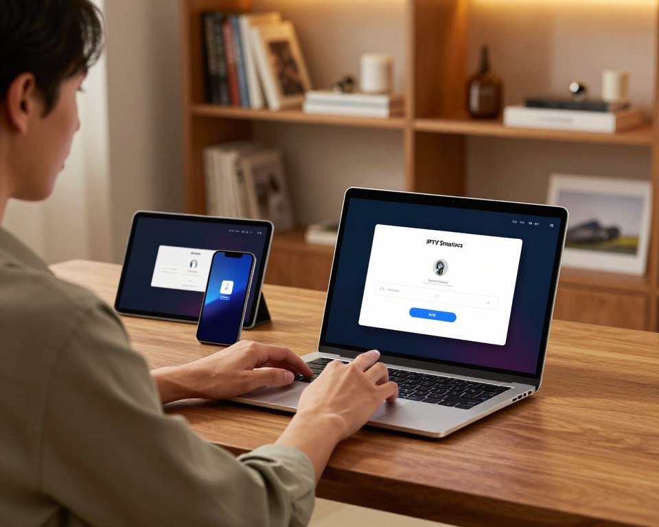 A modern home office setup portraying the installation of the IPTV Smarters application on a sleek laptop. In the foreground, a professional person, wearing smart casual attire, is focused on the screen, demonstrating the app's interface showing installation steps. The middle section features a stylish wooden desk with a smartphone and a tablet displaying the same application, showcasing a seamless multi-device experience. In the background, an elegant bookshelf filled with technology and entertainment books, softly illuminated by warm ambient lighting creating a cozy atmosphere. The scene has a focus on clarity and detail, captured with a shallow depth of field to emphasize the action of installation, while ensuring a professional and inviting mood. Perfect for technology enthusiasts.