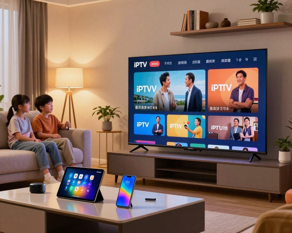 A modern living room scene featuring a large, high-definition flat-screen TV displaying vibrant IPTV content with crystal-clear image quality. In the foreground, a stylish coffee table holds various smart devices like a tablet and smartphone, showcasing compatibility with different platforms. In the middle, a comfortable sofa is occupied by a family dressed in casual clothing, happily engaged with the content on the screen. The background includes soft, ambient lighting, creating a cozy atmosphere, with decorative shelves filled with books and plants. The angle captures the excitement of the viewing experience, emphasizing the overall quality of image and versatility of IPTV on multiple devices. A modern living room scene featuring a large, high-definition flat-screen TV displaying vibrant IPTV content with crystal-clear image quality. In the foreground, a stylish coffee table holds various smart devices like a tablet and smartphone, showcasing compatibility with different platforms. In the middle, a comfortable sofa is occupied by a family dressed in casual clothing, happily engaged with the content on the screen. The background includes soft, ambient lighting, creating a cozy atmosphere, with decorative shelves filled with books and plants. The angle captures the excitement of the viewing experience, emphasizing the overall quality of image and versatility of IPTV on multiple devices.