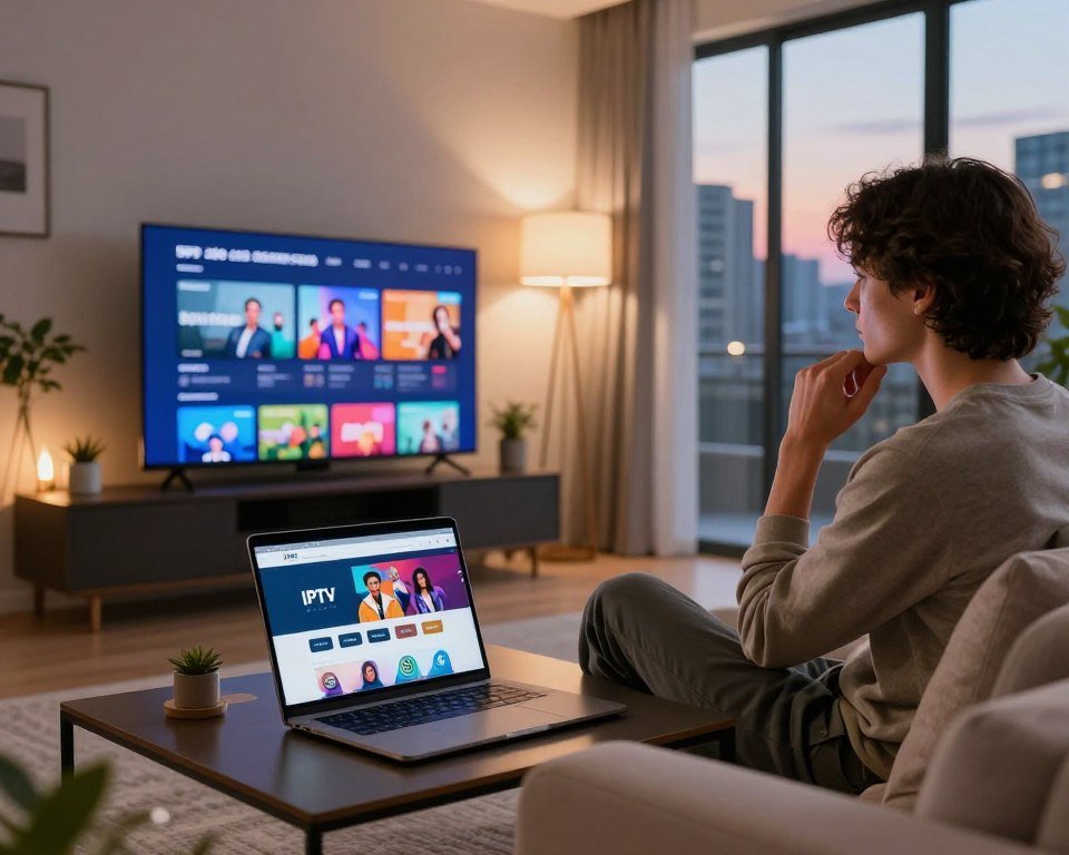 A modern living room scene focused on a person seated on a comfortable couch, engaging with a smart TV displaying vibrant streaming content. The foreground features a coffee table with a laptop open, showcasing an IPTV subscription website. The person, dressed in smart casual attire, is intently browsing through various subscription options with a thoughtful expression. In the middle background, a cozy atmosphere is created with soft lighting emanating from stylish floor lamps and decorative houseplants. Large windows reveal a city skyline at dusk, adding urban charm. The overall mood is inviting and tech-savvy, ideal for illustrating the seamless process of purchasing an IPTV subscription in France.