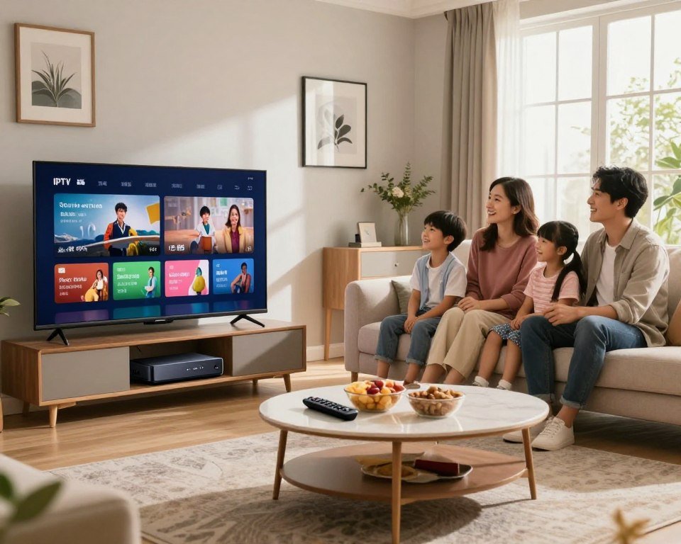 A modern living room scene showcasing IPTV technology. In the foreground, a sleek flat-screen TV displays vibrant streaming content, with an IPTV box beneath it. A comfortable sofa and stylish coffee table filled with snacks and a remote control set the scene. In the middle, a family of four—two parents and two children—are seated on the sofa, engaged and smiling, dressed in casual but neat clothing. The background features a well-decorated room with framed pictures and soft lighting that enhances a cozy atmosphere. Natural light streams in through large windows, highlighting the interaction between the family members while emphasizing the joyful experience of watching IPTV. The overall mood is warm and inviting, illustrating the concept of IPTV as a source of family entertainment in 2023.