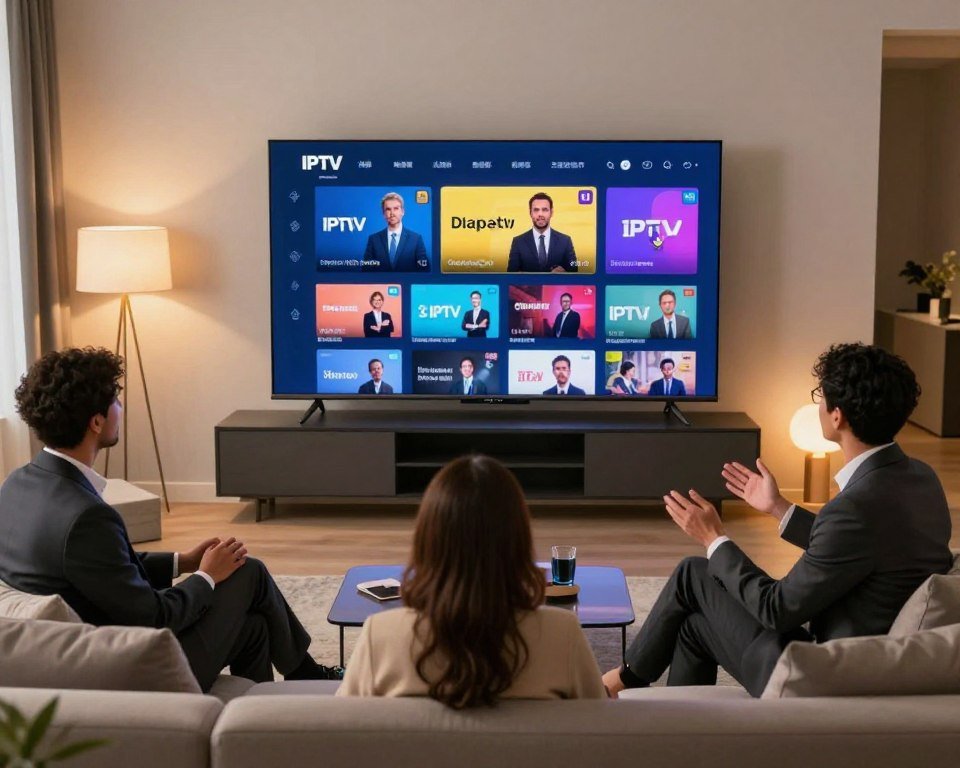 A modern living room scene showcasing a large, sleek flat-screen TV displaying high-quality, vibrant streaming performance. In the foreground, a diverse group of three people, dressed in professional business attire, are sitting comfortably on a stylish sofa, intently watching the screen and engaging in discussion. The middle shows the TV displaying a colorful and sharp IPTV interface with various channels. In the background, soft ambient lighting creates a warm and inviting atmosphere, with minimalistic decor highlighting a tech-savvy environment. The angle is slightly elevated, focusing on the interactions between the viewers and the impressive streaming quality, conveying a sense of enjoyment and sophistication. The overall mood is energetic and enthusiastic, emphasizing the quality and performance of IPTV streaming services.