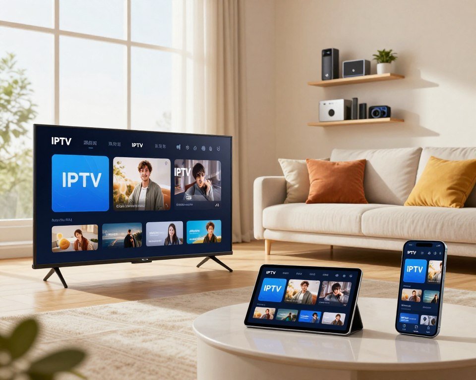 A modern living room scene showcasing multi-device compatibility for IPTV. In the foreground, a sleek smart TV displays an IPTV interface, flanked by a tablet and a smartphone showing the same content. The middle area features a cozy sofa with a few vibrant throw pillows, inviting viewers to relax. Natural light streams through a large window, creating a warm, welcoming atmosphere. In the background, shelves adorned with digital gadgets and a small potted plant add to the tech-savvy ambiance. The image captures a sense of convenience and ease, highlighting a seamless entertainment experience across devices. Use soft, even lighting to enhance the modern decor while ensuring a professional, polished look suitable for an informative article.