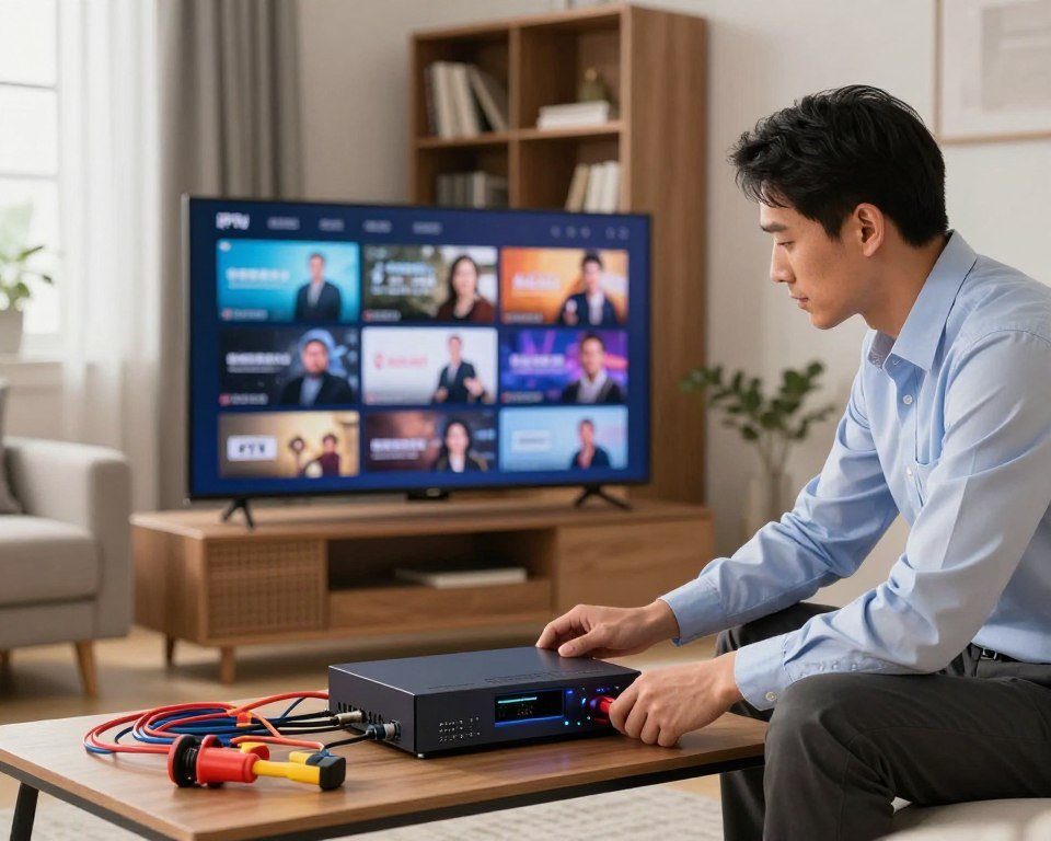 A modern living room scene showcasing the installation and configuration of an IPTV service. In the foreground, a professional technician in business attire is adjusting a sleek digital receiver, surrounded by vibrant cables and tools. In the middle, a large flat-screen TV displays various high-definition channels, showcasing a variety of content. The technician is focused and attentive, symbolizing professionalism and expertise. In the background, a stylish bookshelf and a cozy sofa add warmth to the atmosphere, bathed in soft, natural light coming from a nearby window. The overall mood is informative and dynamic, reflecting a seamless integration of technology into everyday life.