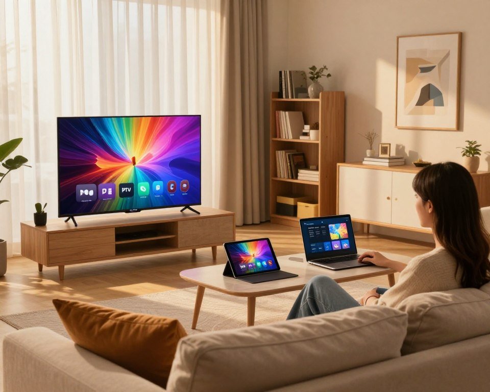 A modern living room set up for IPTV watching, featuring various devices: a sleek smart TV displaying vibrant colors, a tablet on a coffee table, and a laptop nearby with IPTV interface visible. In the foreground, a cozy sofa with plush cushions invites viewers. Soft, warm lighting creates an inviting atmosphere, with sunlight filtering through sheer curtains, casting gentle shadows. The middle ground shows the devices in use, representing a multi-device experience—people comfortably seated, engaged in viewing. The background includes a stylish bookshelf and wall art, adding to the homey feel. The scene conveys a sense of enjoyment and technological convenience, emphasizing compatibility across devices.