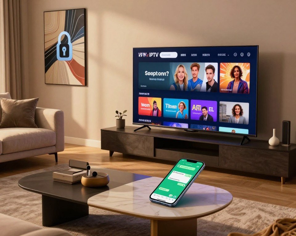 A modern living room setting, featuring a sleek TV displaying vibrant streaming content, symbolizing special IPTV features. In the foreground, a stylish coffee table holds a smartphone showing a WhatsApp chat interface, indicating support communication. The mid-ground includes a plush sofa with a few decorative pillows, creating a cozy atmosphere. Soft, warm lighting illuminates the space, casting gentle shadows that enhance depth. In the background, a digitally abstract wall art piece represents VPN security, with flowing lines and a secure lock symbol. The angle is slightly angled from above, creating a dynamic view of the room. The overall mood is inviting and high-tech, emphasizing comfort and connectivity through IPTV services. A modern living room setting, featuring a sleek TV displaying vibrant streaming content, symbolizing special IPTV features. In the foreground, a stylish coffee table holds a smartphone showing a WhatsApp chat interface, indicating support communication. The mid-ground includes a plush sofa with a few decorative pillows, creating a cozy atmosphere. Soft, warm lighting illuminates the space, casting gentle shadows that enhance depth. In the background, a digitally abstract wall art piece represents VPN security, with flowing lines and a secure lock symbol. The angle is slightly angled from above, creating a dynamic view of the room. The overall mood is inviting and high-tech, emphasizing comfort and connectivity through IPTV services.