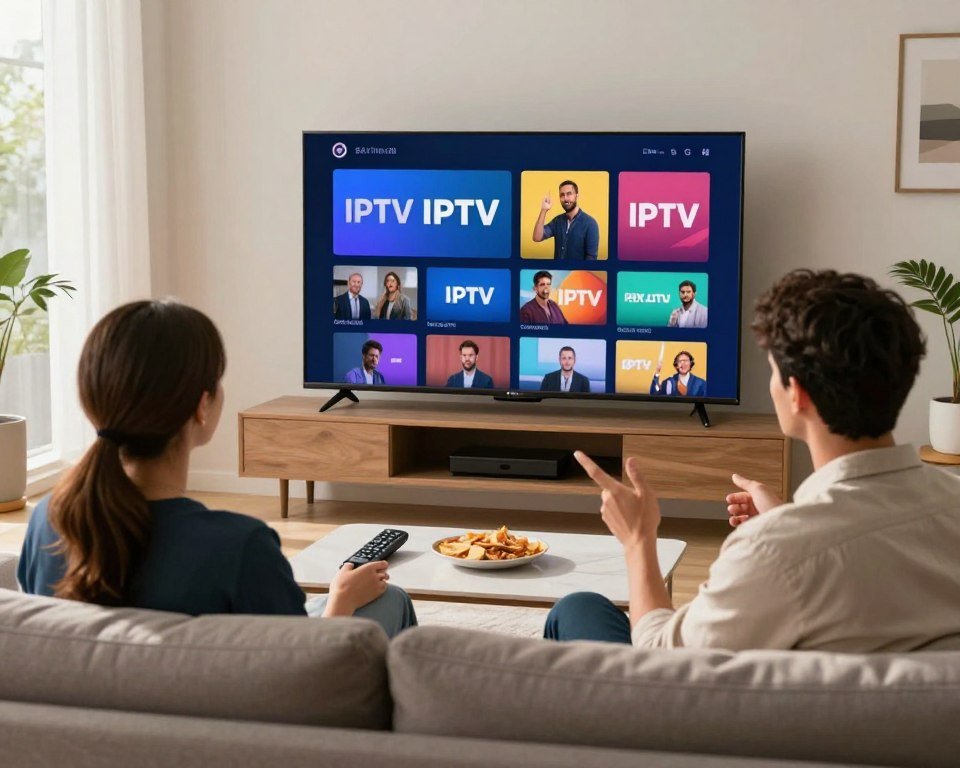 A modern living room setting featuring a sleek flat-screen television displaying a vibrant interface showcasing various IPTV options. In the foreground, there’s a comfortable couch with a couple of people, a man and a woman, casually dressed in business casual attire, discussing the TV content. The middle layer includes a coffee table with a remote control and snacks, creating a cozy atmosphere. The background features a bright window allowing natural light to stream in, enhancing the inviting feel of the scene. Soft shadows complement the warm ambiance, while the overall mood conveys excitement and satisfaction about exploring IPTV services. The composition captures the essence of trial and discovery in digital entertainment.