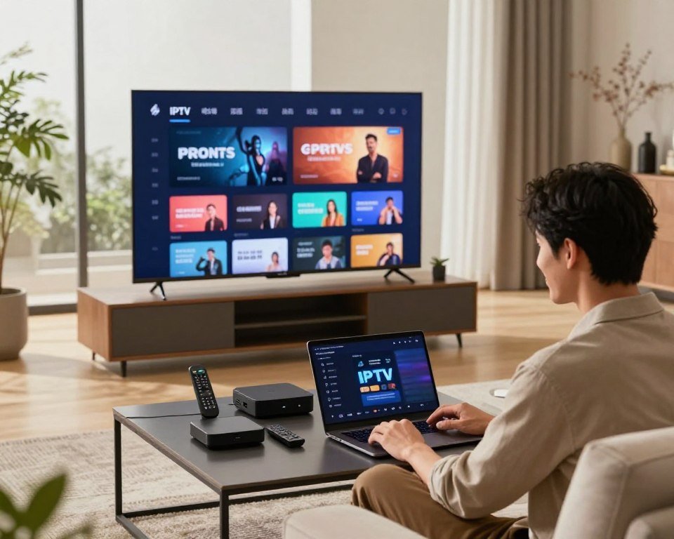 A modern living room setting focused on an IPTV setup, showcasing a sleek flat-screen TV displaying vibrant streaming content. In the foreground, a sophisticated individual in smart casual attire is optimizing IPTV settings on a laptop, with a slight smile, engaged and focused. The middle ground features a stylish coffee table cluttered with streaming devices and remote controls, while a comfortable sofa and tasteful decor enhance the ambiance. In the background, large windows allow natural light to pour in, creating a warm, inviting atmosphere. The overall mood is one of relaxation and enhanced digital entertainment, captured with soft lighting to emphasize the connection between technology and leisure.