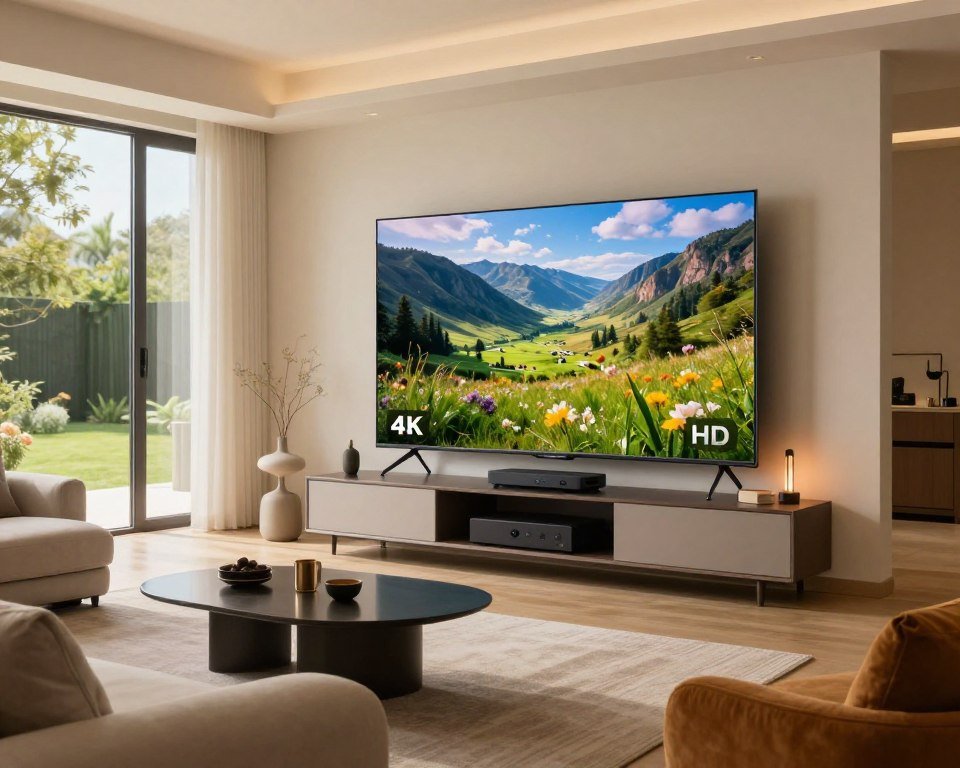 A modern living room setting showcasing seamless high-definition TV technology, featuring a large, elegant flat-screen TV displaying a vibrant 4K landscape scene, surrounded by a cozy atmosphere. In the foreground, plush furniture with sleek designs invites relaxation, while soft, warm lighting creates an inviting glow. In the middle, a stylish entertainment center holds streaming devices and decorative elements, emphasizing a high-tech lifestyle. In the background, sprawling windows reveal a view of a sunny garden, enhancing the sense of clarity that HD, 4K, and 8K offer. The mood is refined yet comfortable, reflecting a perfect blend of luxury and advanced technology, showcasing the future of television viewing.