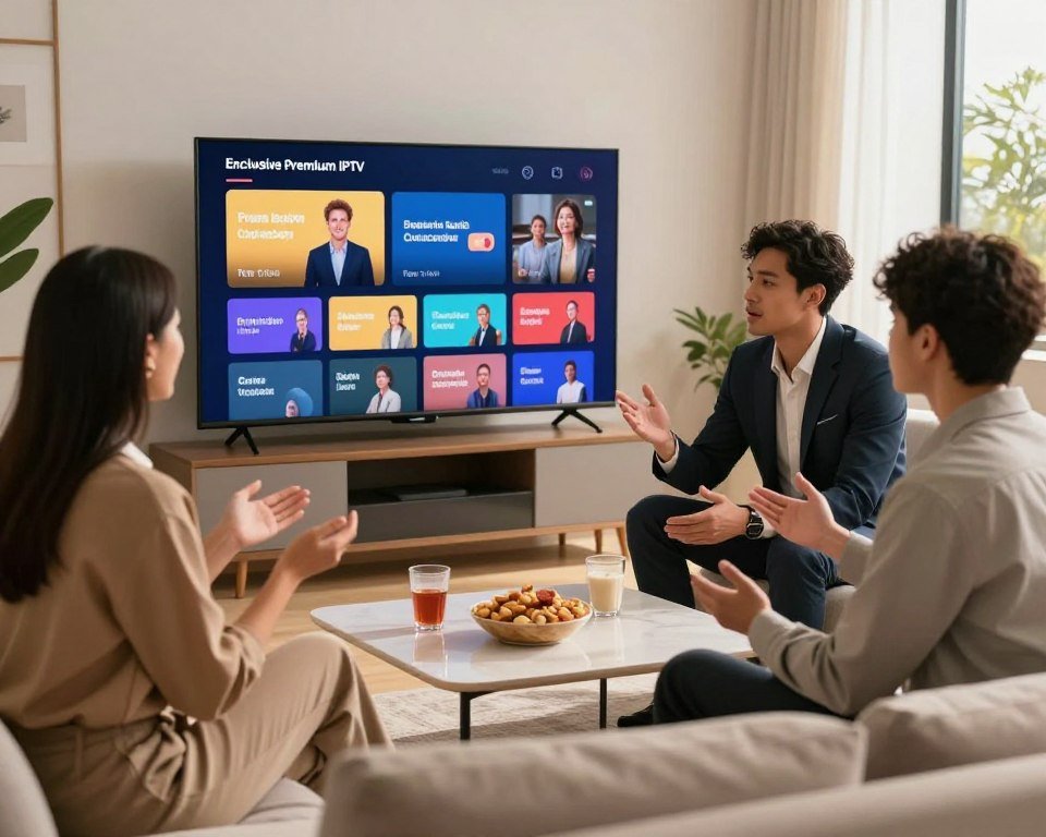 A modern living room setting with a sleek television displaying various premium TV channels on the screen, illustrating the exclusive benefits of a premium IPTV subscription. In the foreground, a diverse group of three individuals (a woman in smart casual attire, a man in a suit, and a young adult in business casual) are gathered, engaged in a lively discussion about the features. The middle ground features a stylish coffee table with snacks and drinks, complemented by cozy sofas. The background showcases large windows allowing warm natural light to illuminate the room, creating an inviting atmosphere. The scene conveys excitement and interest in the exclusive advantages offered by the subscription service. Use soft focus on the background to highlight the group in the foreground.