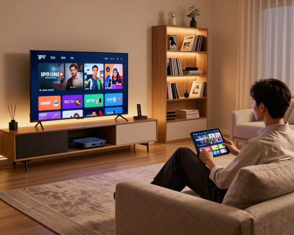A modern living room setup showcasing IPTV streaming technology. In the foreground, a sleek television displays vibrant content streaming, illuminated by soft ambient lighting. To the left, a stylish media console houses various digital devices, such as a streaming box and remote controls. In the middle ground, an individual in professional casual attire sits comfortably on a plush sofa, focused on a tablet showing various IPTV apps and services. The background features a contemporary bookshelf filled with tech magazines and decorative items, enhancing the tech-savvy atmosphere. The overall lighting is warm and inviting, creating a relaxed yet modern ambiance, reflecting innovation in home entertainment. The scene is shot with a wide-angle lens, emphasizing space and technology integration.