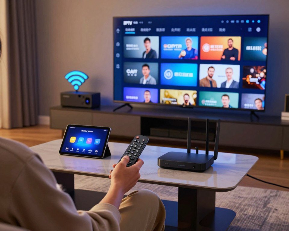 A modern living room setup showcasing a sleek, large-screen TV displaying various IPTV streaming options. In the foreground, a person in smart casual attire is adjusting settings on a remote control, indicating user engagement and experience optimization. The middle ground features a stylish coffee table with devices like a tablet and a streaming box, connected to a router. The background includes a digital display of strong Wi-Fi signals and interconnected devices, emphasizing enhanced connectivity. Soft, ambient lighting creates a cozy atmosphere, with a slight focus on the screen glowing, enhancing the technological vibe. The overall mood is one of efficiency and enjoyment in a contemporary home entertainment environment.