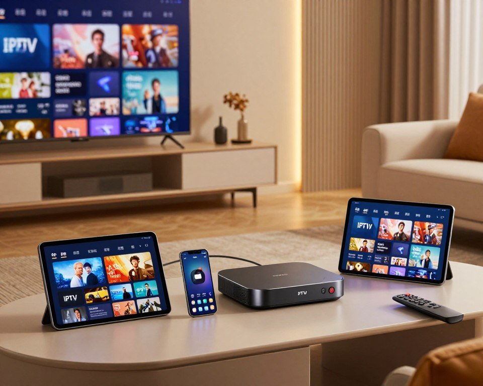 A modern living room setup showcasing various devices compatible with IPTV technology, such as a smart TV, tablet, smartphone, and streaming device. In the foreground, neatly arranged devices display their screens showcasing vibrant streaming options. The middle ground features a cozy sofa with a remote control resting on it, emphasizing a relaxed viewing experience. The background shows a stylish entertainment unit with decorative elements that evoke a contemporary ambiance. Warm, soft lighting illuminates the scene, creating an inviting atmosphere. The image should capture a sense of convenience and modernity, highlighting the diverse ways to enjoy IPTV in a sleek, aesthetically pleasing environment.