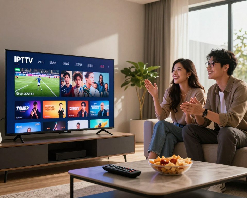 A modern living room showcasing the advantages of IPTV subscriptions. In the foreground, a stylish flat-screen TV displays a vibrant array of streaming content, highlighting various genres such as sports, movies, and documentaries. On a sleek coffee table, there are remote controls and snacks, suggesting a cozy viewing experience. The middle ground features a couple dressed in comfortable yet professional attire, eagerly watching the TV, with expressions of enjoyment and engagement. The background reveals a well-lit room with contemporary decor and a large window allowing natural light to flood in, creating a warm and inviting atmosphere. The lighting emphasizes the rich colors on the screen, while a soft focus on the couple enhances their connection with the entertainment. The overall mood is friendly and relaxing, celebrating the comfort and convenience of IPTV.