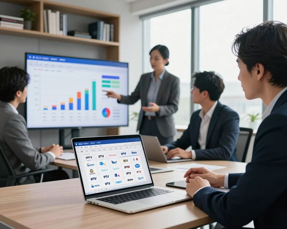 A modern office setting showcasing a comparison of IPTV providers in France. In the foreground, a desk with a laptop displaying dynamic comparison charts, colorful graphs, and logos of various IPTV providers. In the middle ground, there are professional business individuals examining the data on a large screen, dressed in smart attire, engaging in discussion. The background features a sleek bookshelf filled with technology books and a large window that lets in soft natural light, creating a bright and inviting atmosphere. The mood is one of collaboration and professionalism, with a focus on technology and innovation. The image should be well-lit, emphasizing clarity and detail, captured from a slightly elevated angle to provide a comprehensive view of the scene. A modern office setting showcasing a comparison of IPTV providers in France. In the foreground, a desk with a laptop displaying dynamic comparison charts, colorful graphs, and logos of various IPTV providers. In the middle ground, there are professional business individuals examining the data on a large screen, dressed in smart attire, engaging in discussion. The background features a sleek bookshelf filled with technology books and a large window that lets in soft natural light, creating a bright and inviting atmosphere. The mood is one of collaboration and professionalism, with a focus on technology and innovation. The image should be well-lit, emphasizing clarity and detail, captured from a slightly elevated angle to provide a comprehensive view of the scene.