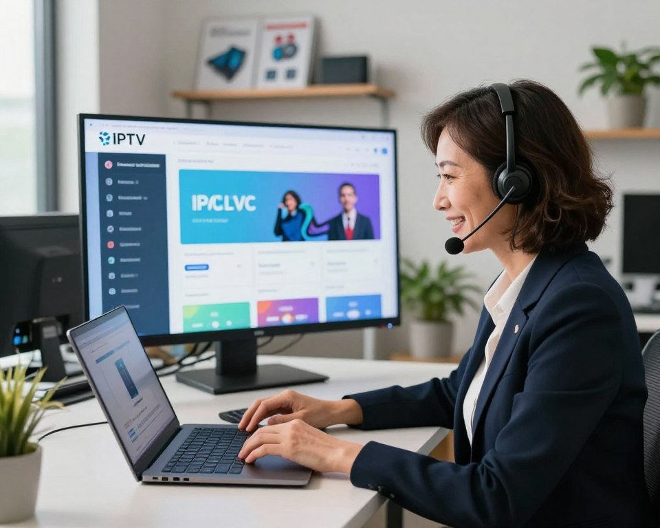 A modern office setting with a client support representative seated at a desk, engaged in helping a customer activate their IPTV service. In the foreground, the representative, a middle-aged woman in a professional business attire, is smiling while using a laptop, showcasing a friendly demeanor. The middle ground features a large, bright screen displaying a user-friendly IPTV interface being navigated. In the background, shelves with technology guides and an indoor plant add a touch of warmth to the atmosphere. Soft, natural lighting filters through the room, creating an inviting and supportive mood. The camera angle is slightly elevated, focusing on the interaction and technology, ensuring clarity and professionalism in the scene.