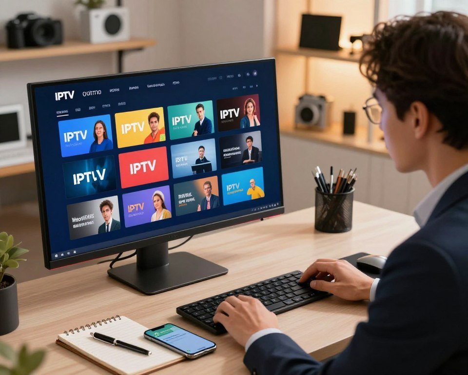 A modern, sleek workspace featuring a stylish computer desk with a high-end monitor displaying colorful IPTV subscription packages. In the foreground, a neatly arranged notepad with a pen rests beside a smartphone showing WhatsApp notifications, emphasizing connectivity and convenience. In the middle ground, a professional individual dressed in smart business attire is analyzing the screen, showcasing engagement with IPTV services. The background features blurred shelves filled with tech gadgets, promoting an atmosphere of innovation and modernity. Soft, warm lighting illuminates the scene, creating a welcoming and professional mood. The angle is slightly above eye level, providing a clear view of the subscription options while maintaining focus on the professional's interaction with the content.