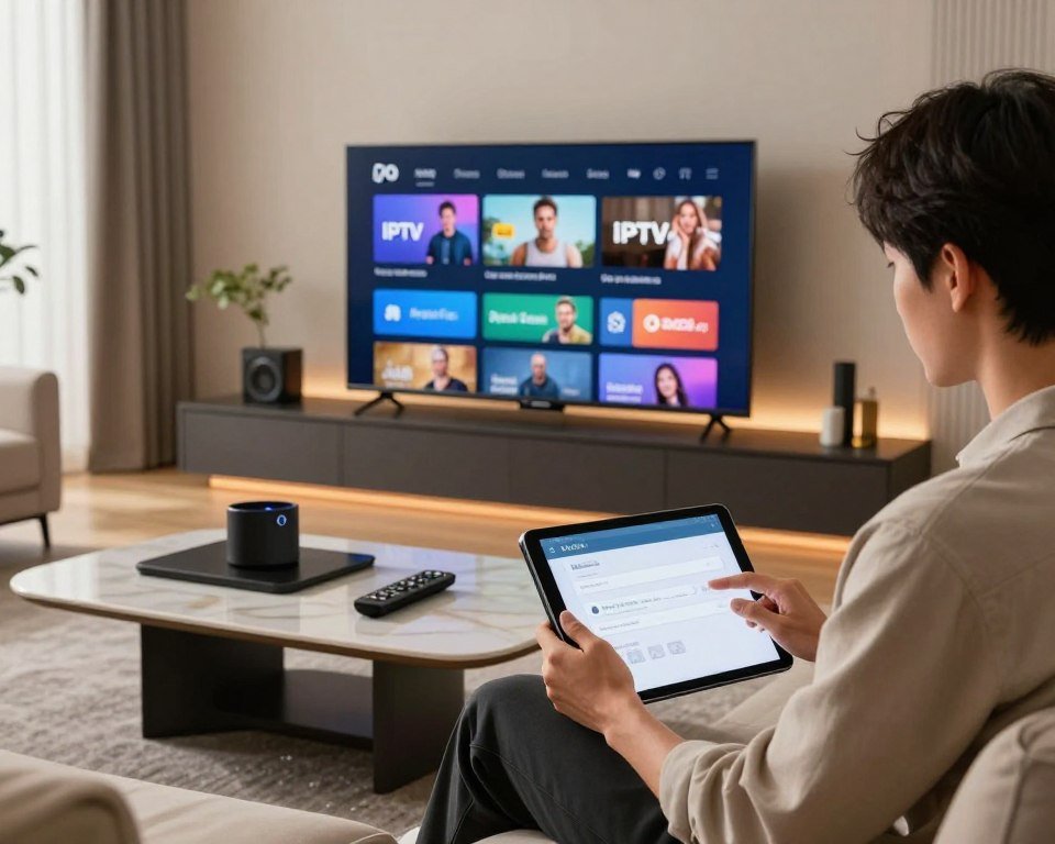 A modern, stylish living room setup featuring a sleek flat-screen television displaying a user-friendly IPTV installation application interface. In the foreground, a focused individual, dressed in smart casual clothing, is engaging with a tablet, showing technical steps of installation. In the middle ground, a well-organized coffee table hosts various tech gadgets and a remote control. The background features elegant décor, with subtle lighting highlighting the television and creating a warm, inviting atmosphere. Soft natural light filters through a window, adding a comfortable feel. The composition captures the ease of installation and configuration, illustrating a seamless technology experience in a domestic environment.